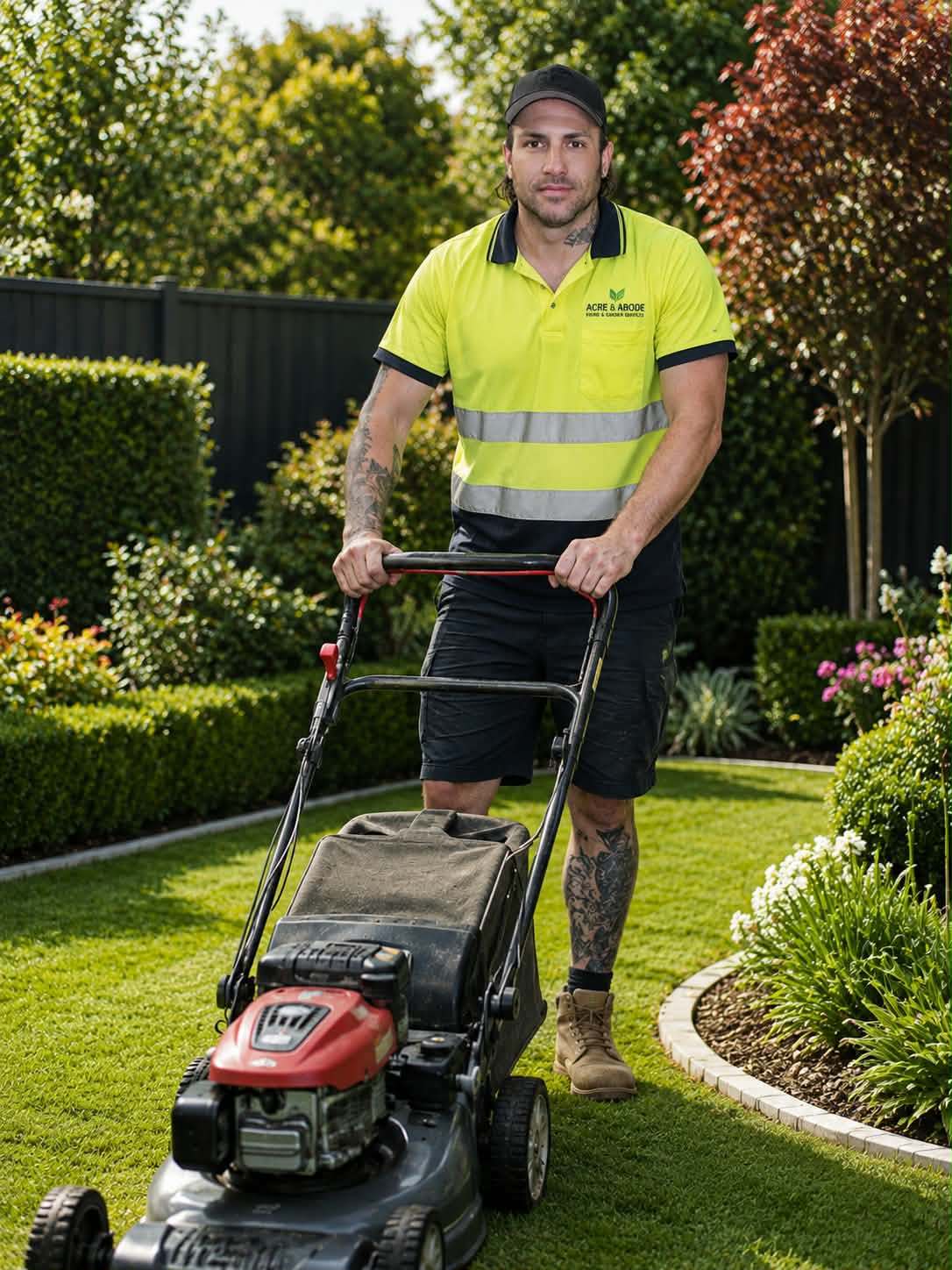 Acre & Abode team member mowing a lawn